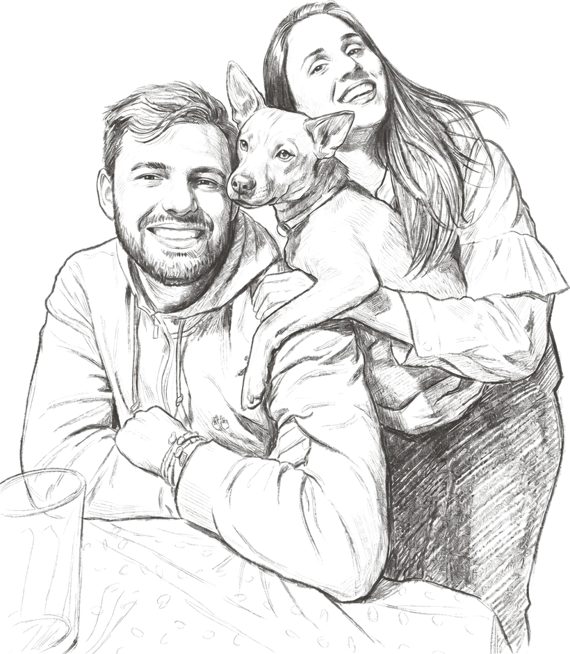 Sketch of Fran and Vale with their dog